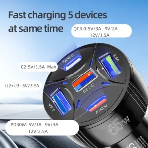 5 Ports 65W USB Car Charger Type C Car Lighter Charger PD QC3.0 Car Fast Charger Adapter 30W